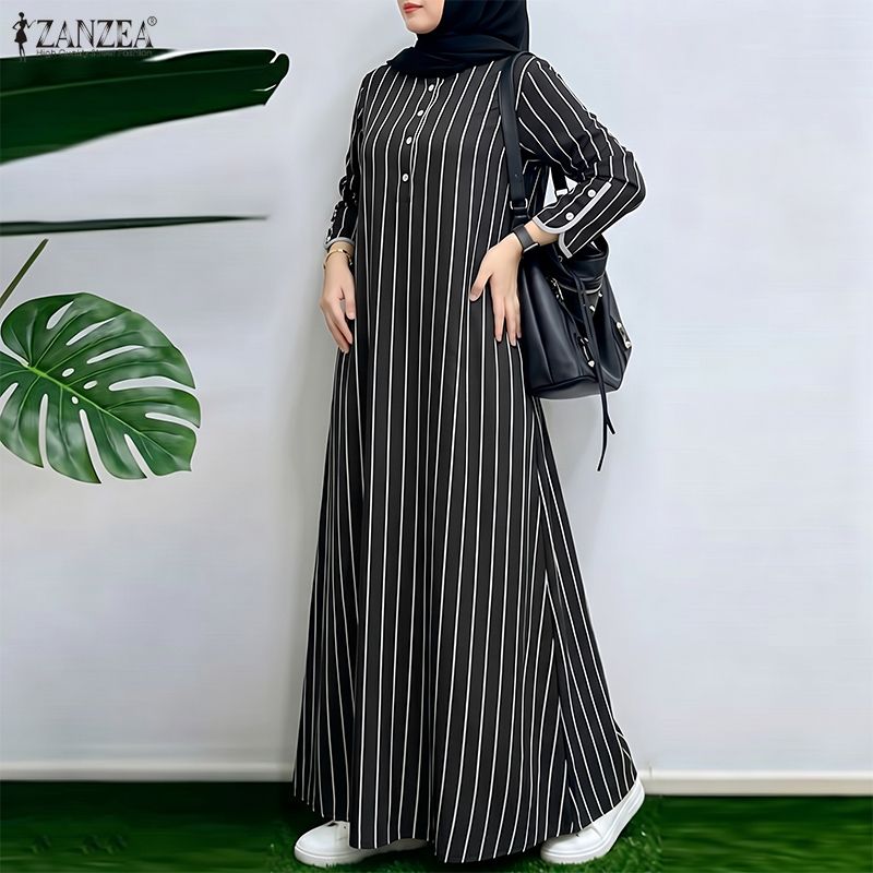 Abaya Modest Wear - Müslüman Mütevazı Çizgili Maxi Elbise Kadınlar