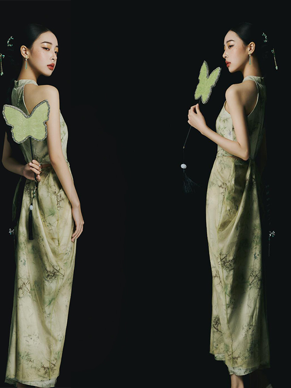 Ethnic Fashion Studio - Yeni Yeşil Çin Tarzı Sırtı Açık