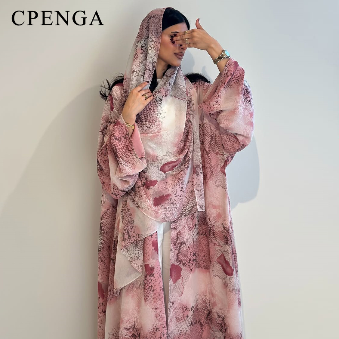 Abaya Modest Wear - 2026 Lüks Dubai Pembe Baskılı Şifon