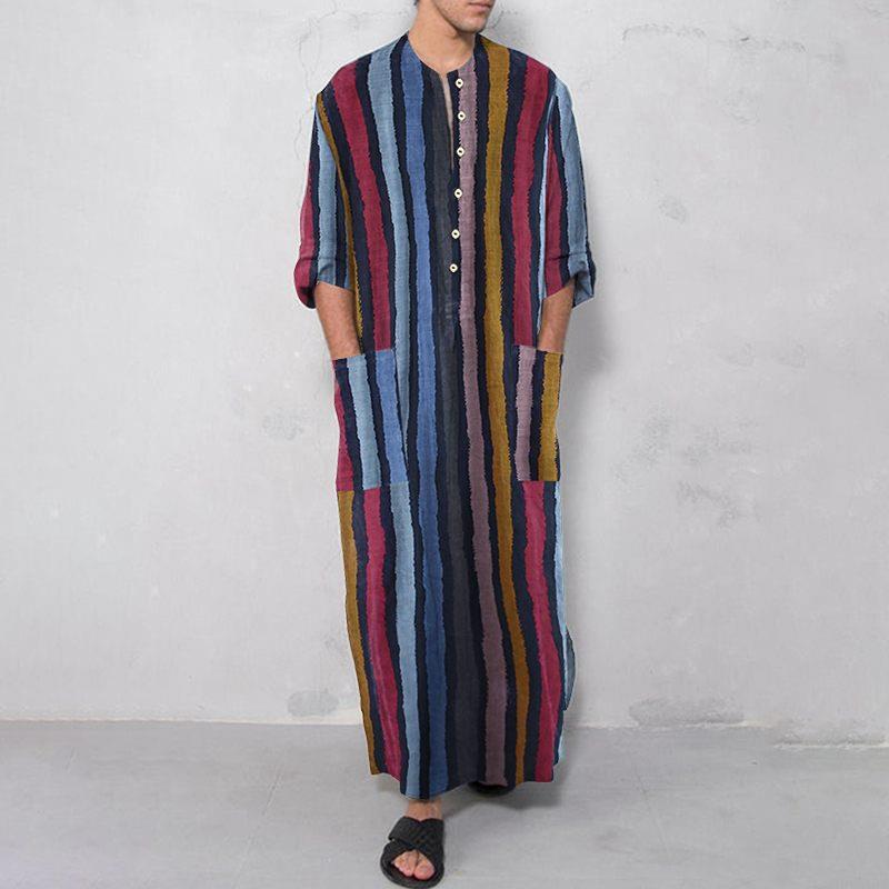 Ethnic Wear Fashion Designer - Erkek Uzun Çizgili Baskılı Gömlek Etnik